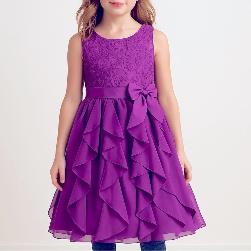 Charming Mia Juliana Girls Purple Ruffle Party Dress w/ Lace & Bow – Size 16